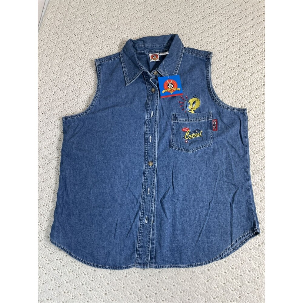 VINTAGE Tweety Bird Denim Vest Womens L Button Up Cotton Looney Tunes Y2K NWT